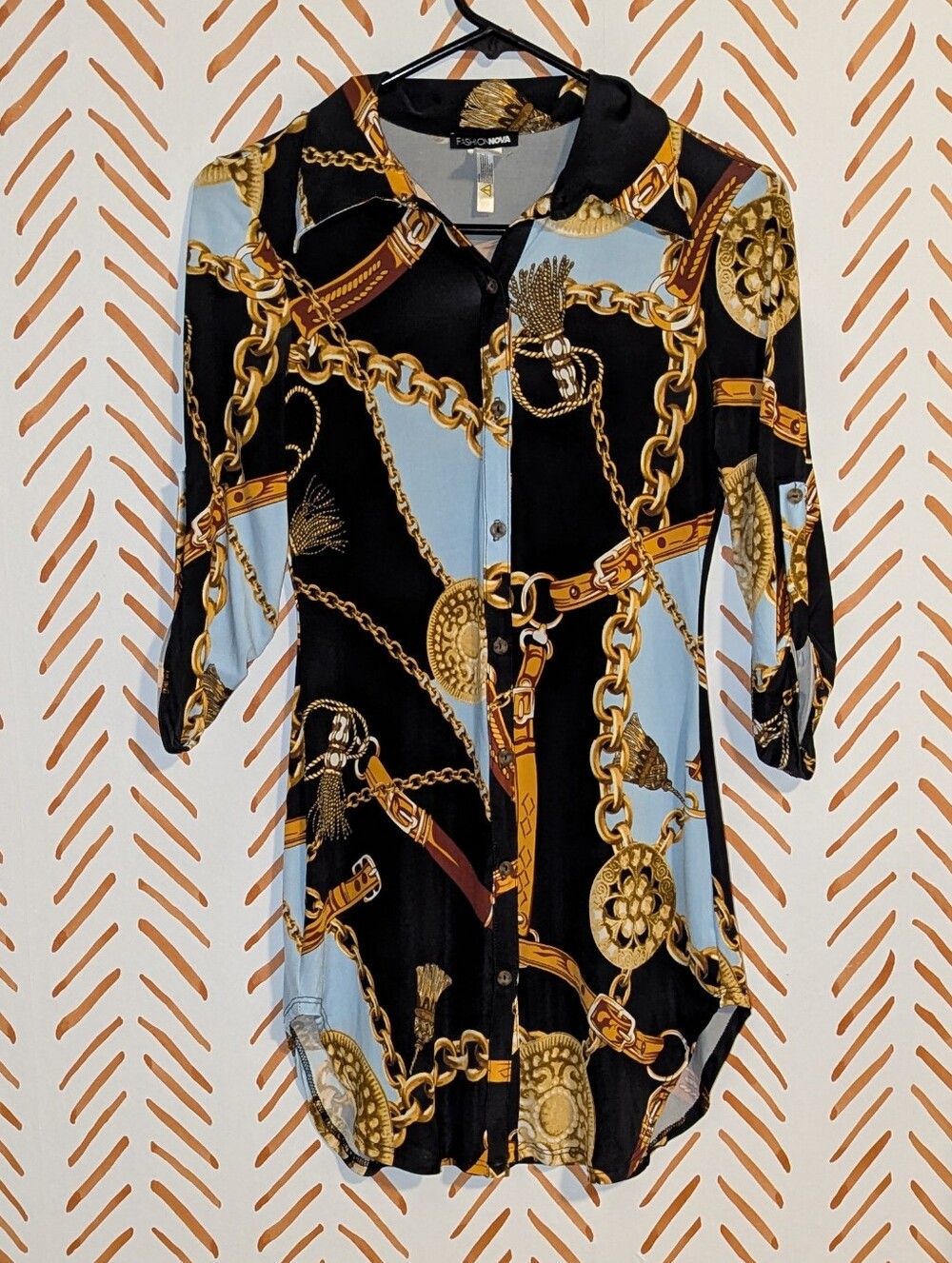 Fashion Nova Black, Light Blue & Gold Chain-Print Button Down Dress